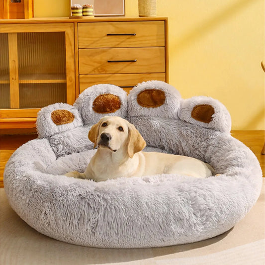 Bear Paw Shape Pet Round Bed, Calming Donut Bed Anti Anxiety, Self Warming Faux Fur